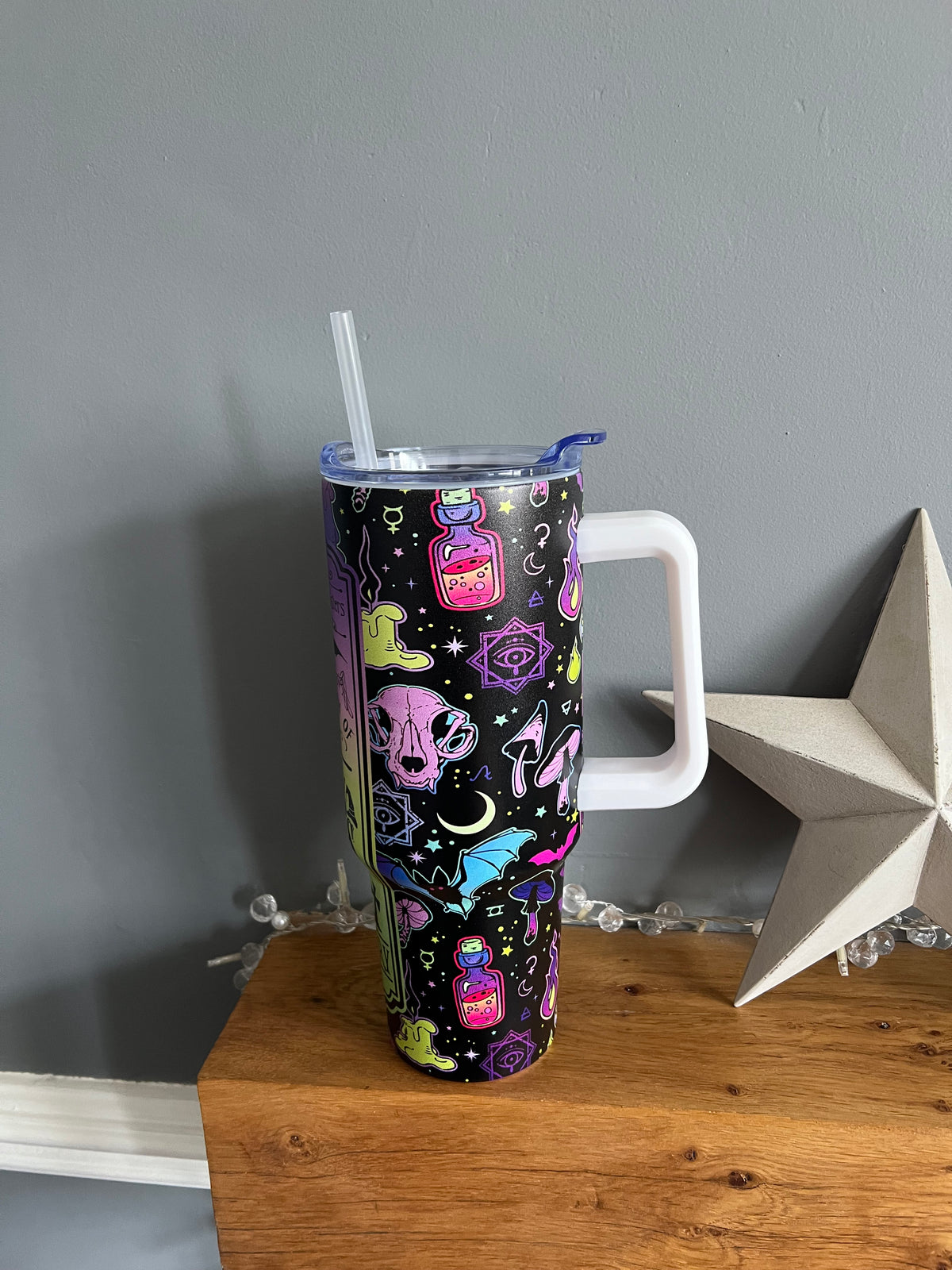 40oz double walled stainless steel tumbler with big handle, lid & straw