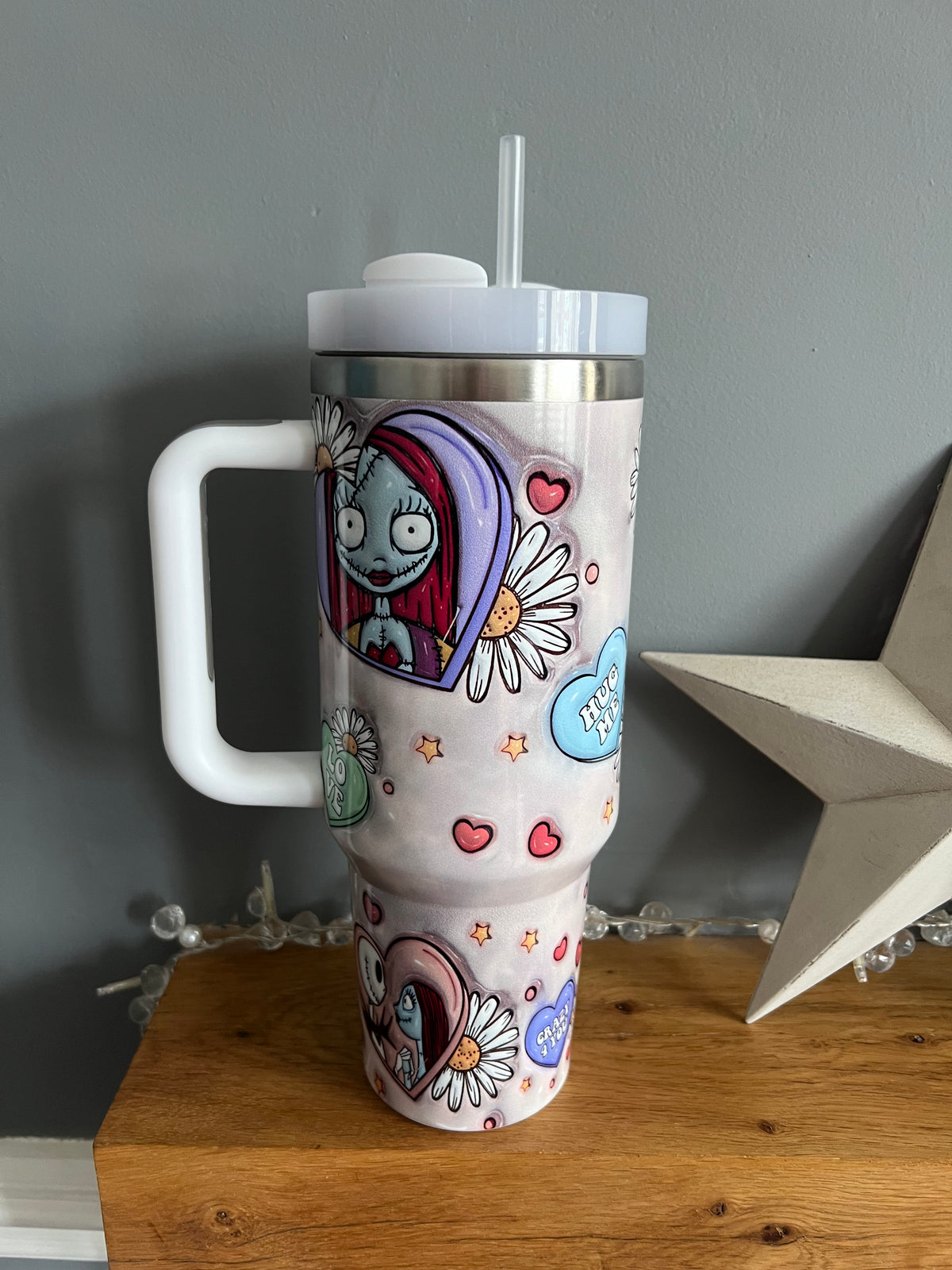 40oz double walled stainless steel tumbler with big handle, lid & straw