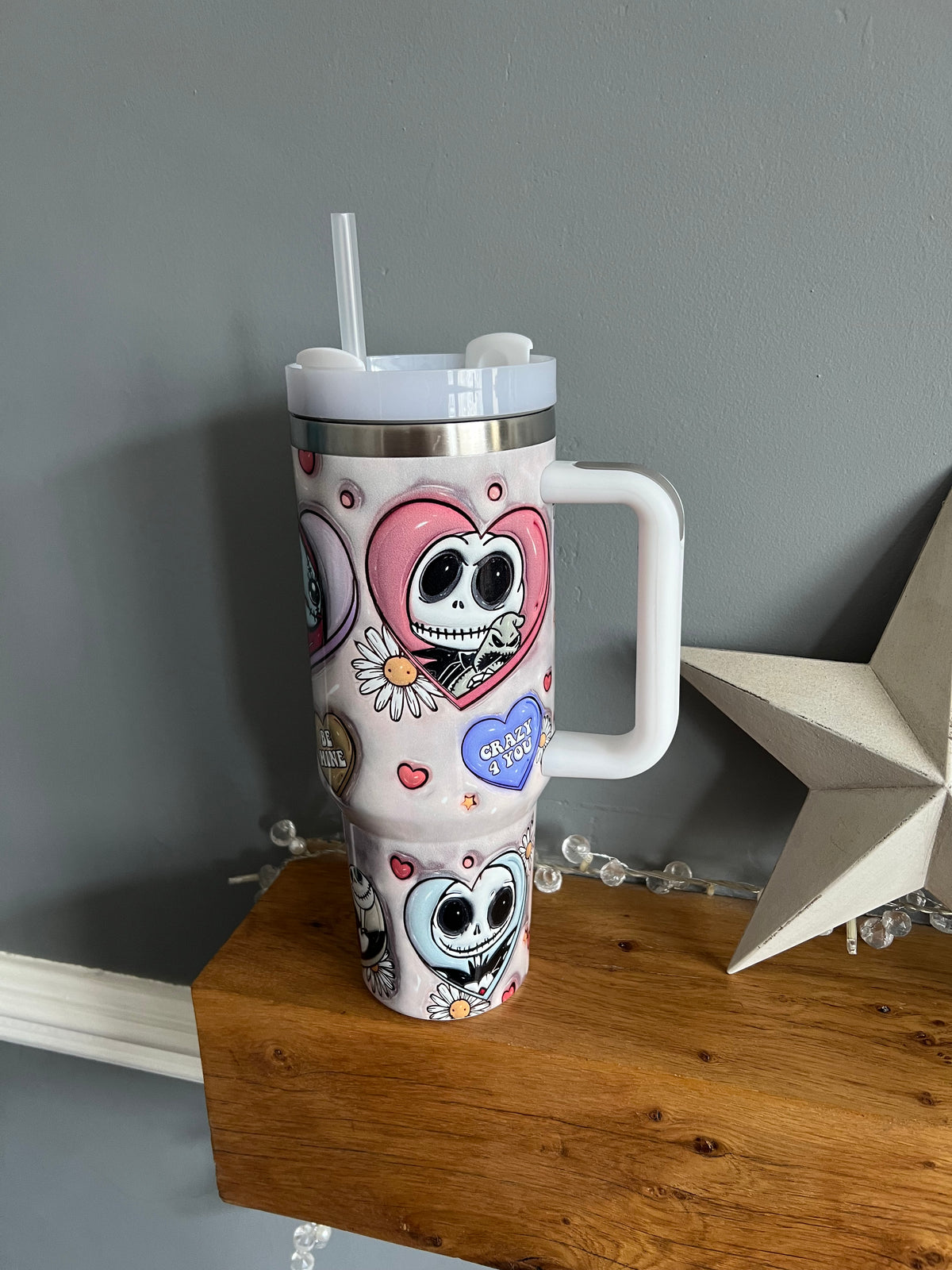 40oz double walled stainless steel tumbler with big handle, lid & straw