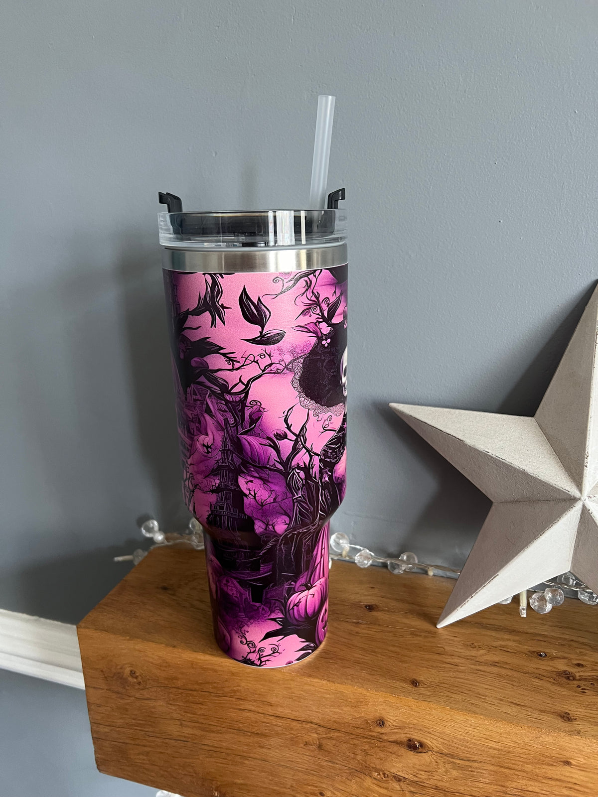 40oz double walled stainless steel tumbler with big handle, lid & straw
